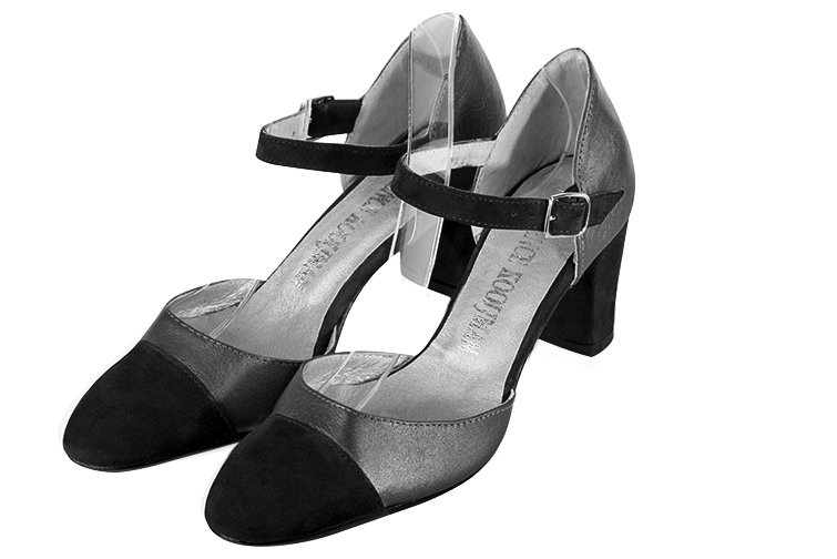 Matt black and dark silver women's open side shoes, with an instep strap. Round toe. Medium block heels. Front view - Florence KOOIJMAN